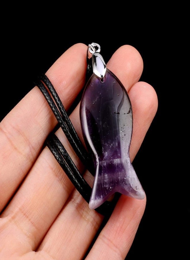 QSLLER 6PCS Handmade Fish-shaped Crystal Pendant Necklace Natural Stone Tiger Eye Amethyst Charms Leather Cord Necklaces Choker Jewelry - Image 4
